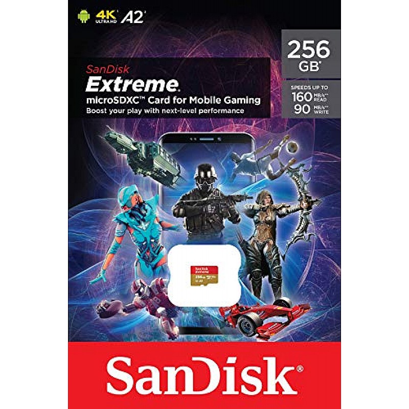 SanDisk Extreme microSD Card for Mobile Gaming, 4K Video, 160MB/s R/90MB/s 256GB, SDSQXA1-256G-GN6GN