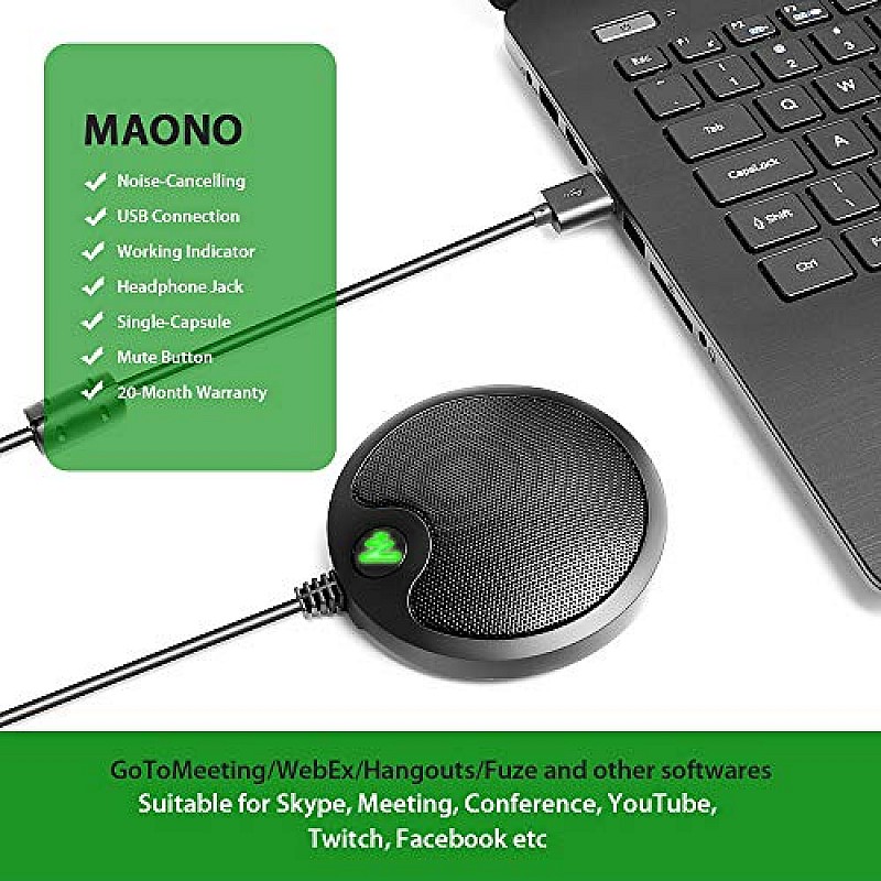 MAONO AU-GM10 USB Condenser Microphone, with Touch-Key Mute and Volume Control, Headphone Jack for Vlogging, Recording, Gaming, Conference, YouTube,