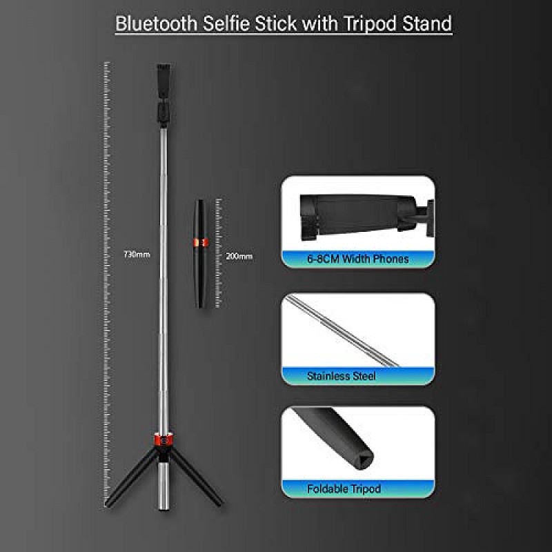 pTron Glam Plus Bluetooth Extendable Selfie Stick with Tripod Stand, Wireless Remote (Black & Red)