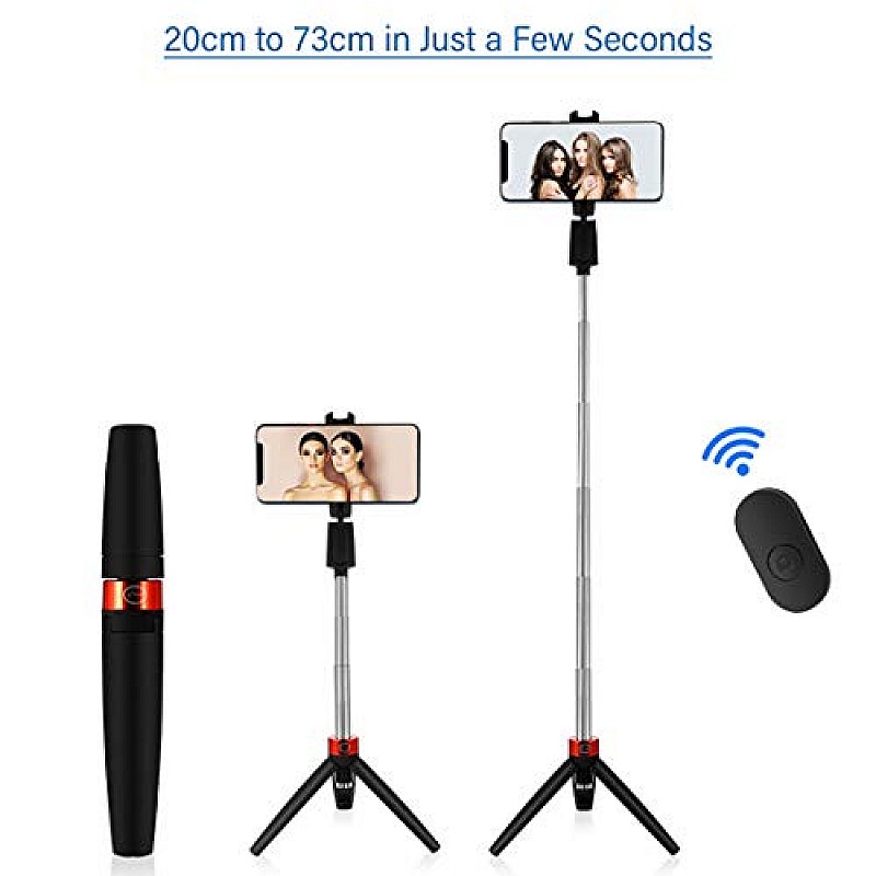 pTron Glam Plus Bluetooth Extendable Selfie Stick with Tripod Stand, Wireless Remote (Black & Red)