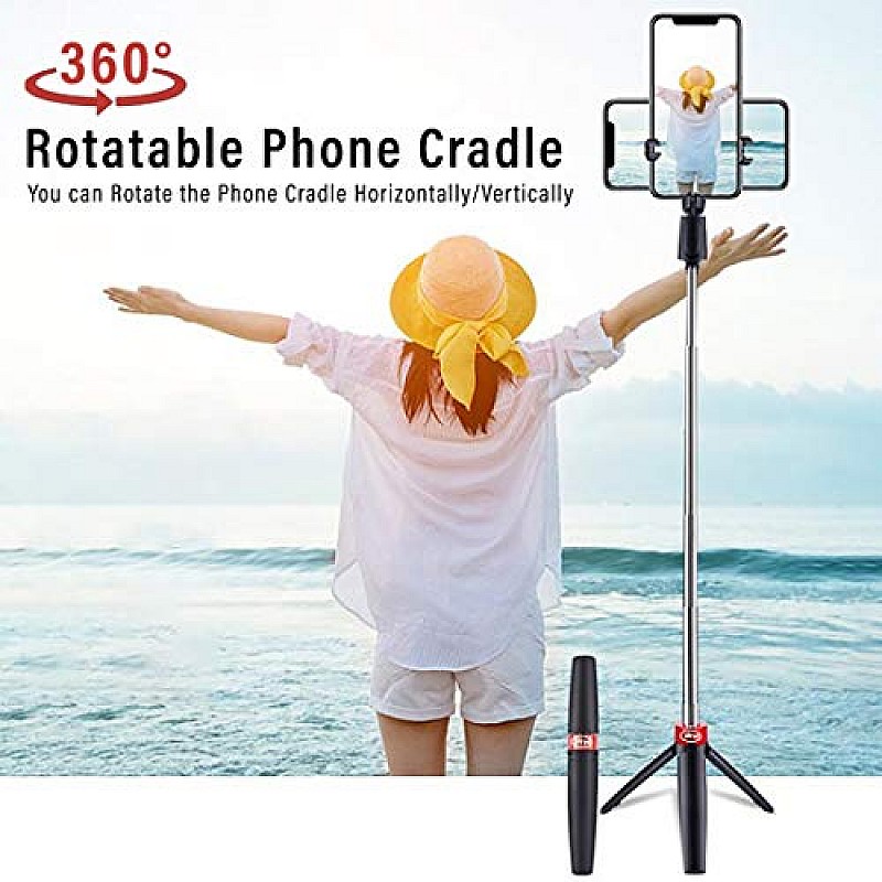 pTron Glam Plus Bluetooth Extendable Selfie Stick with Tripod Stand, Wireless Remote (Black & Red)