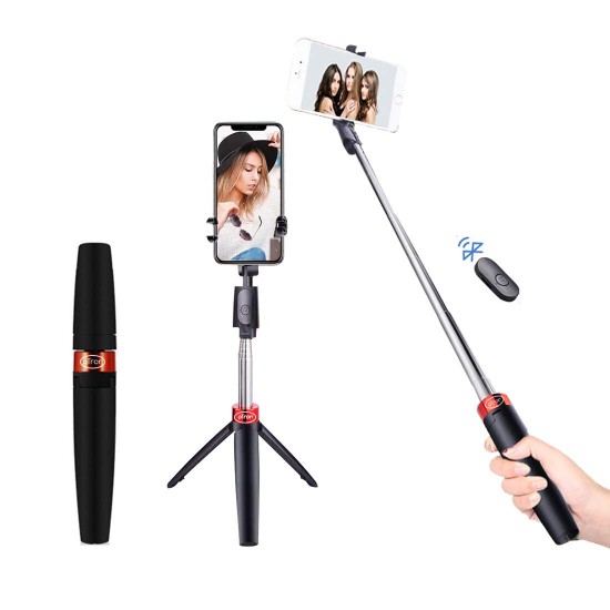 pTron Glam Plus Bluetooth Extendable Selfie Stick with Tripod Stand, Wireless Remote (Black & Red)