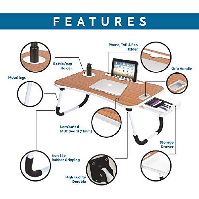 Callas Multipurpose Foldable Laptop Table with Cup Holder, Study Table, Bed Table, Breakfast Table, Foldable and Portable