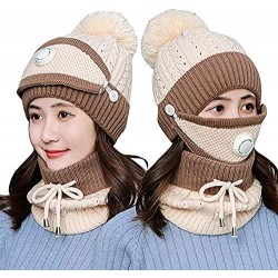 AIRTREE Women Knit Beanie Mouth Mask Set for Girl Winter Ski Hat with Pompom (White)