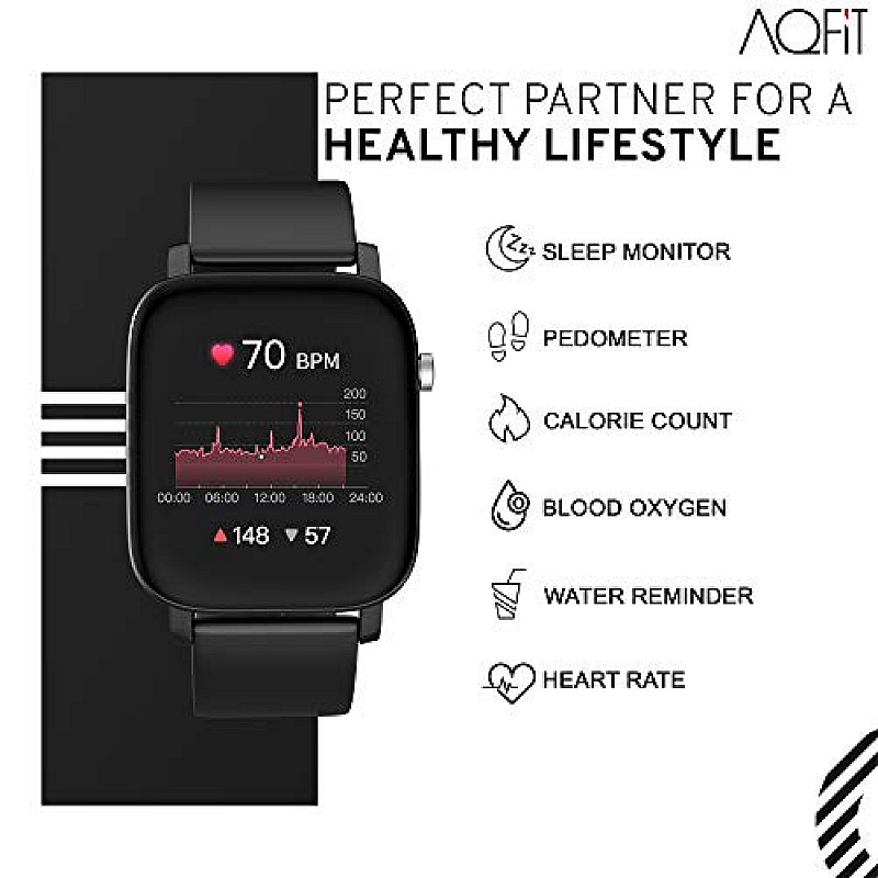 AQFIT W11 Smartwatch IP68 Waterproof Fitness Tracker Full Touch Screen Display (Black)