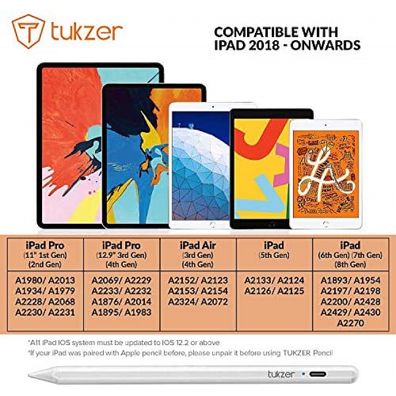 Tukzer Stylus Pen for iPad with Palm Rejection, Tilt Sensor, 2nd Gen Compatible TZ-S1-WHT