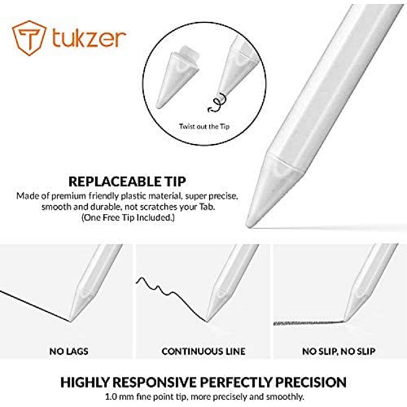 Tukzer Stylus Pen for iPad with Palm Rejection, Tilt Sensor, 2nd Gen Compatible TZ-S1-WHT