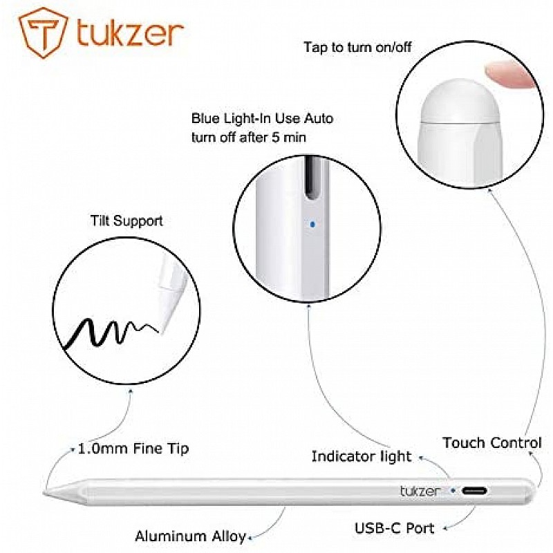 Tukzer Stylus Pen for iPad with Palm Rejection, Tilt Sensor, 2nd Gen Compatible TZ-S1-WHT