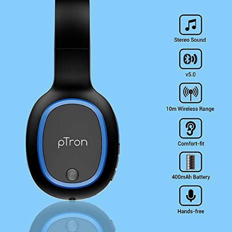 PTron Studio Bluetooth Wireless Over Ear Headphones with Mic (Blue)