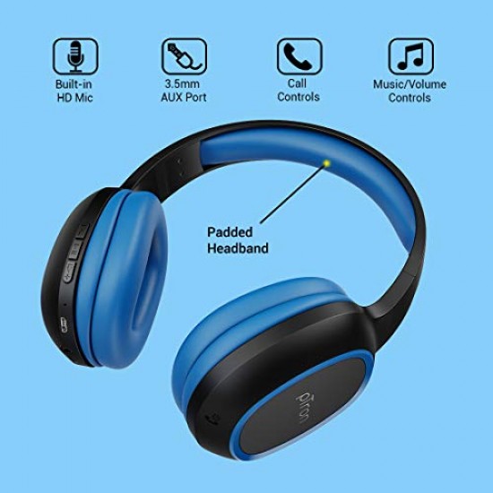 PTron Studio Bluetooth Wireless Over Ear Headphones with Mic (Blue)