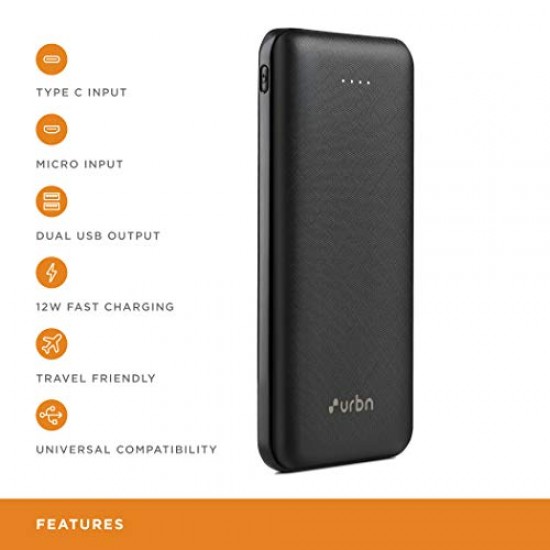 URBN 10000mAh Li-Polymer Ultra Compact Type-C Power Bank with 12W Fast Charge, Type C & Micro Input (Black)