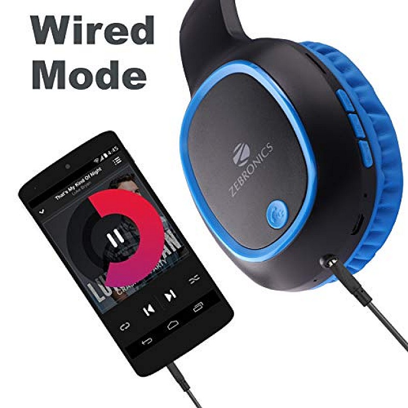 ZEBRONICS Zeb-Thunder Wireless BT Headphone Comes with 40mm Drivers, AUX Connectivity Micro SD Card (Blue with Red)