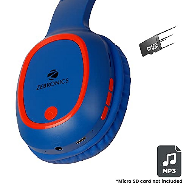 ZEBRONICS Zeb-Thunder Wireless BT Headphone Comes with 40mm Drivers, AUX Connectivity Micro SD Card (Blue with Red)