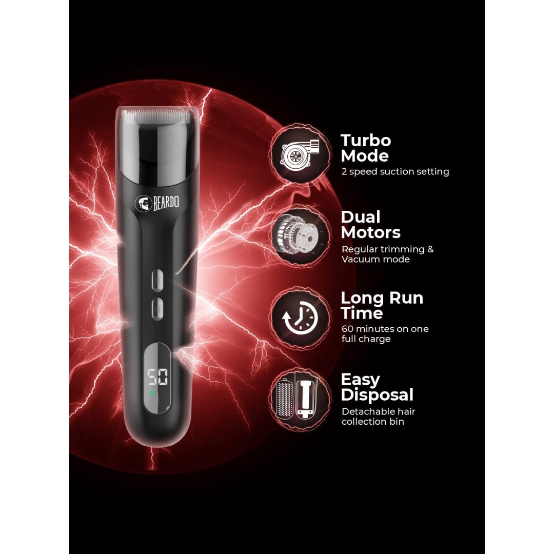 BEARDO Ninja-X Vacuum Trimmer for Men | Beard Trim & Clean 2-in-1 Trimmer with Vacuum Suction Mode | Ceramic Blades, LED display, 3 Limit Combs | No Mess Trimming | Gift For Brother | Gift For Friends