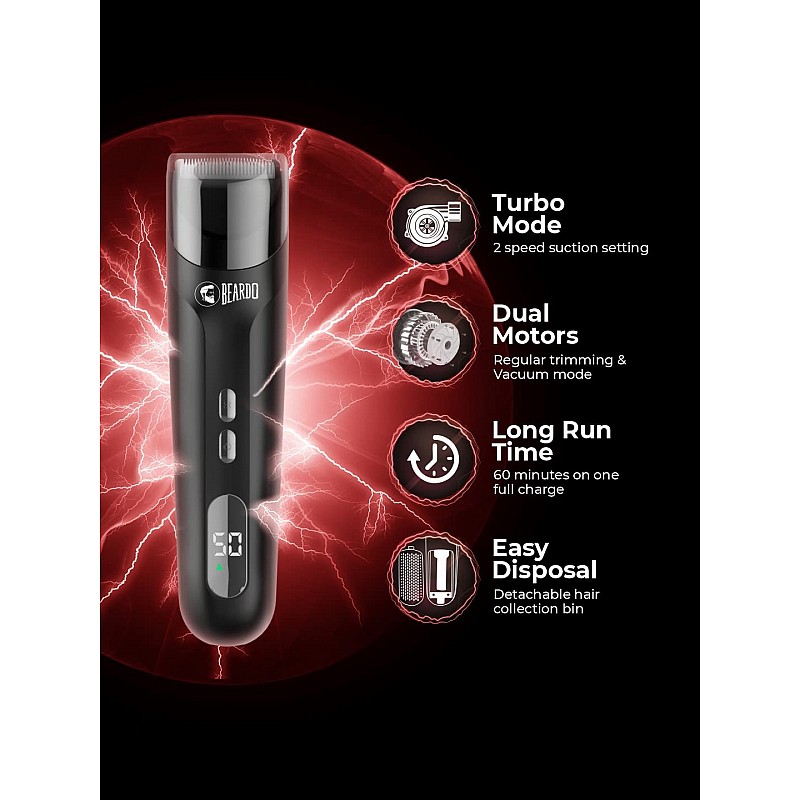 BEARDO Ninja-X Vacuum Trimmer for Men | Beard Trim & Clean 2-in-1 Trimmer with Vacuum Suction Mode | Ceramic Blades, LED display, 3 Limit Combs | No Mess Trimming | Gift For Brother | Gift For Friends