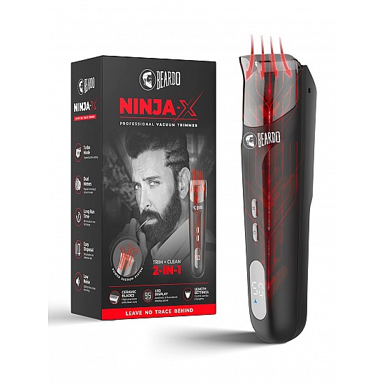 BEARDO Ninja-X Vacuum Trimmer for Men | Beard Trim & Clean 2-in-1 Trimmer with Vacuum Suction Mode | Ceramic Blades, LED display, 3 Limit Combs | No Mess Trimming | Gift For Brother | Gift For Friends