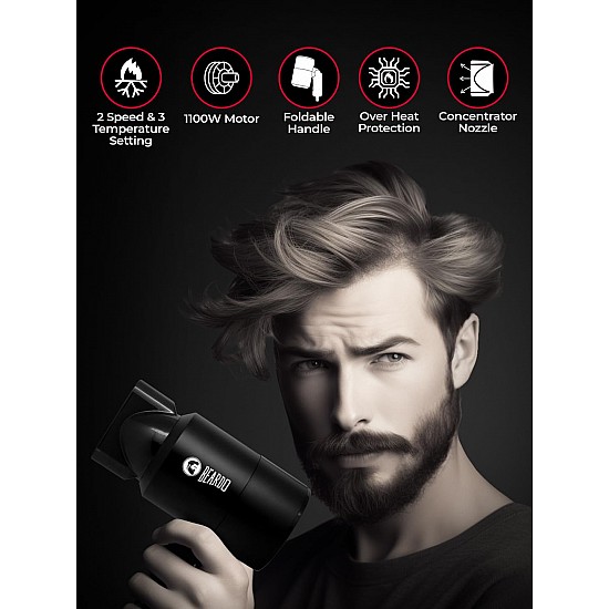 BEARDO Styling Gun Ultra Compact Hair Dryer | 1100 Watts Foldable Hair Dryer | 3 Heat 2 Speed Setting | Hair Dryer For Men | Travel Friendly | Stylish Matte Black Finish | Gift For Brother | Gift For Friends