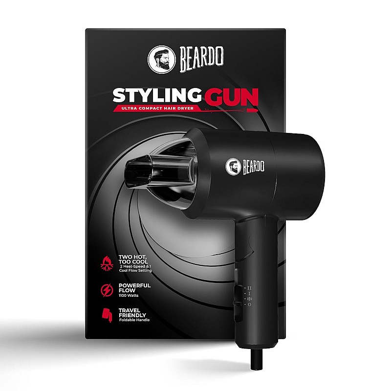 BEARDO Styling Gun Ultra Compact Hair Dryer | 1100 Watts Foldable Hair Dryer | 3 Heat 2 Speed Setting | Hair Dryer For Men | Travel Friendly | Stylish Matte Black Finish | Gift For Brother | Gift For Friends