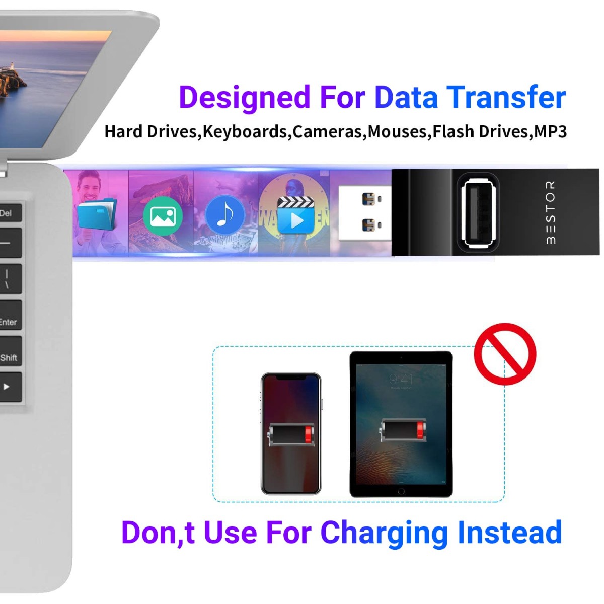 BESTOR® 4-in-1 USB Hub, Portable USB Splitter with 4 Ports, Mini Docking Station with 5Gbps Fast Data Transfer, Multi USB Hub for Laptop