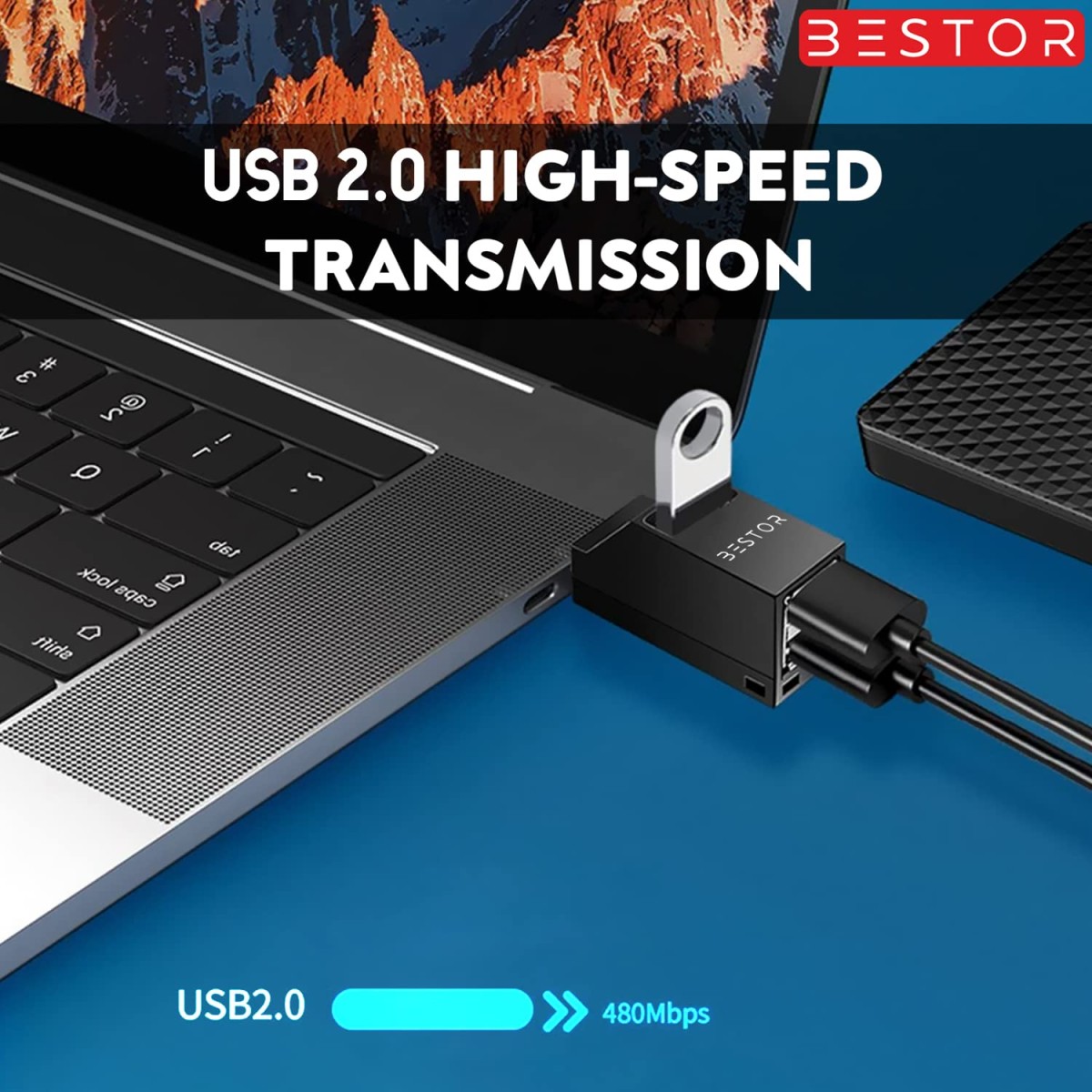 BESTOR® 4-in-1 USB Hub, Portable USB Splitter with 4 Ports, Mini Docking Station with 5Gbps Fast Data Transfer, Multi USB Hub for Laptop