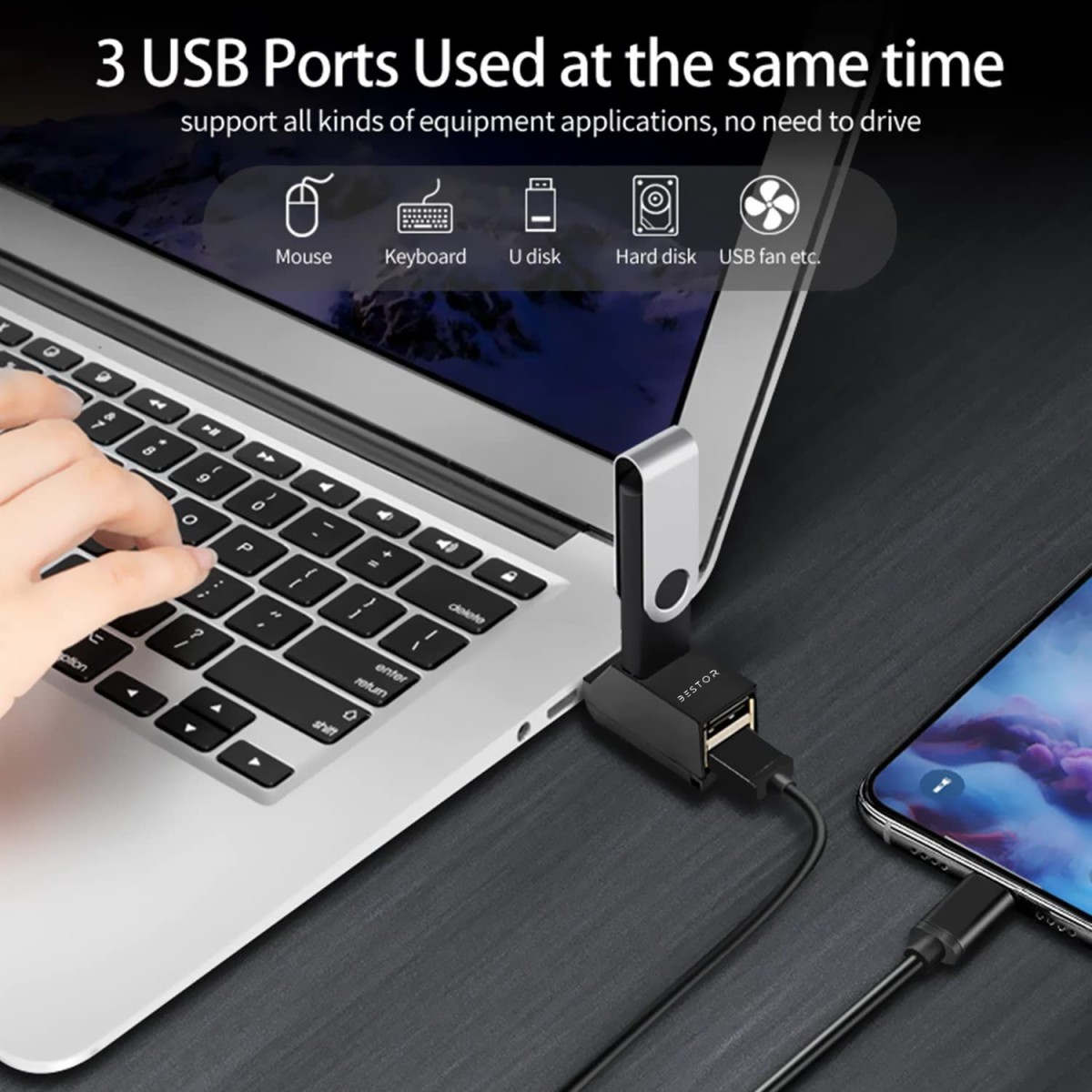 BESTOR® 4-in-1 USB Hub, Portable USB Splitter with 4 Ports, Mini Docking Station with 5Gbps Fast Data Transfer, Multi USB Hub for Laptop