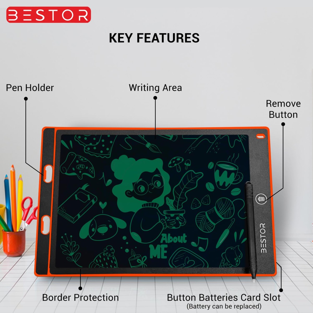 BESTOR® Portable Ruff 12 inches LCD Paperless Memo Digital Tablet Notepad Scribble Board/E-Writer/Writing/Drawing Pad/Digital Writing Tablet/Erasable Doodle Pad (Red)