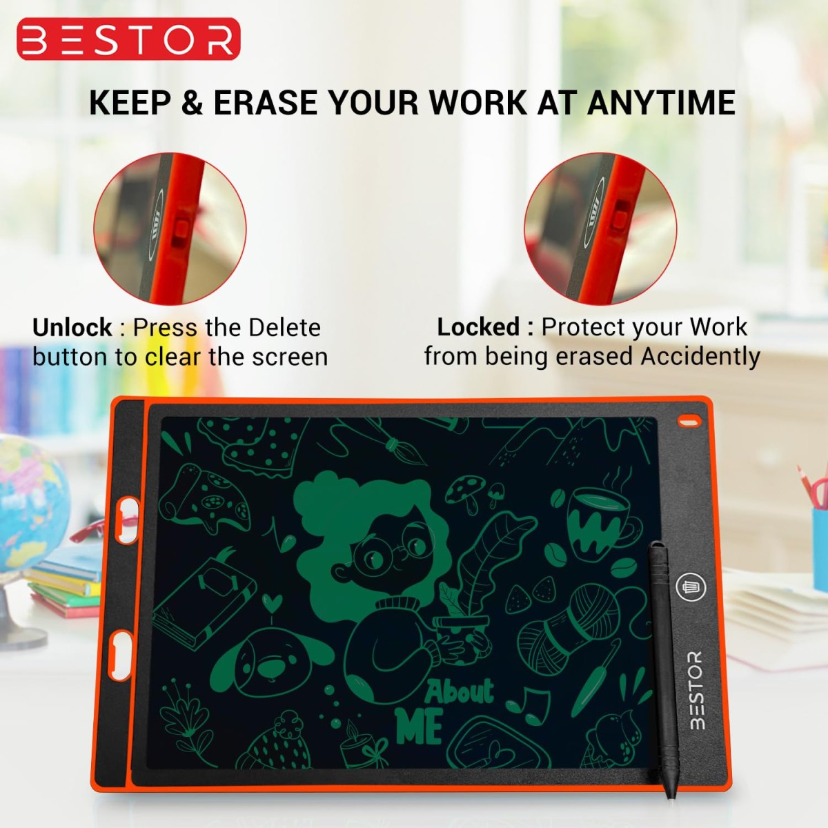 BESTOR® Portable Ruff 12 inches LCD Paperless Memo Digital Tablet Notepad Scribble Board/E-Writer/Writing/Drawing Pad/Digital Writing Tablet/Erasable Doodle Pad (Red)