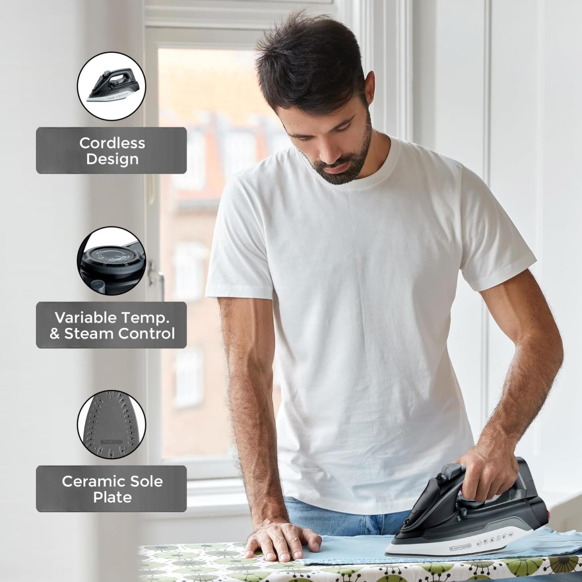 BLACK+DECKER Cordless Steam Iron, 330ml, 2600 watts|Iron for Clothes, Iron Box, Press with Anti-Drip & Auto Shut Off, Non-Stick Ceramic Sole Plate, 30g/min Steam Output (Black+White)