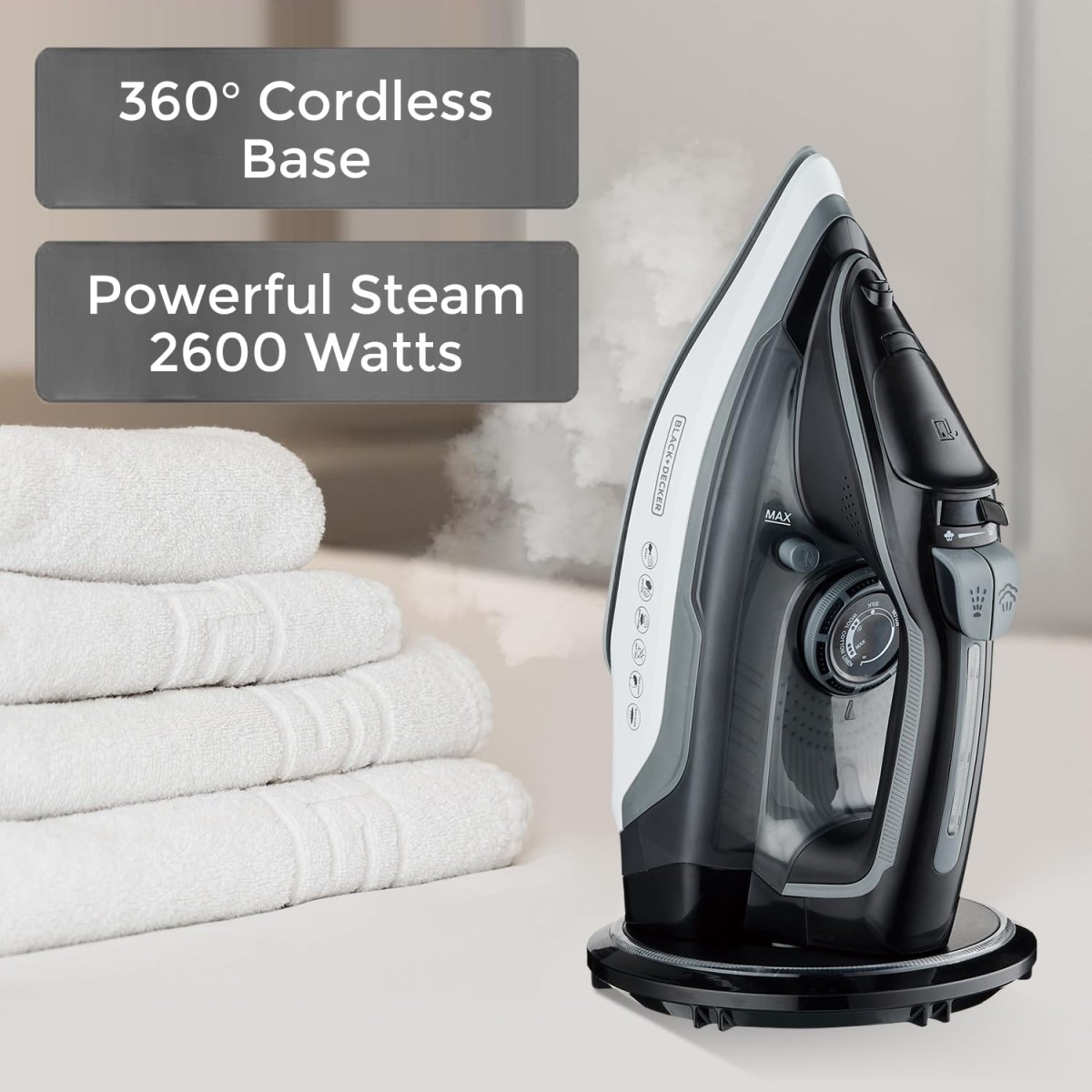 BLACK+DECKER Cordless Steam Iron, 330ml, 2600 watts|Iron for Clothes, Iron Box, Press with Anti-Drip & Auto Shut Off, Non-Stick Ceramic Sole Plate, 30g/min Steam Output (Black+White)