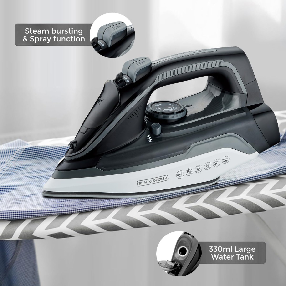 BLACK+DECKER Cordless Steam Iron, 330ml, 2600 watts|Iron for Clothes, Iron Box, Press with Anti-Drip & Auto Shut Off, Non-Stick Ceramic Sole Plate, 30g/min Steam Output (Black+White)