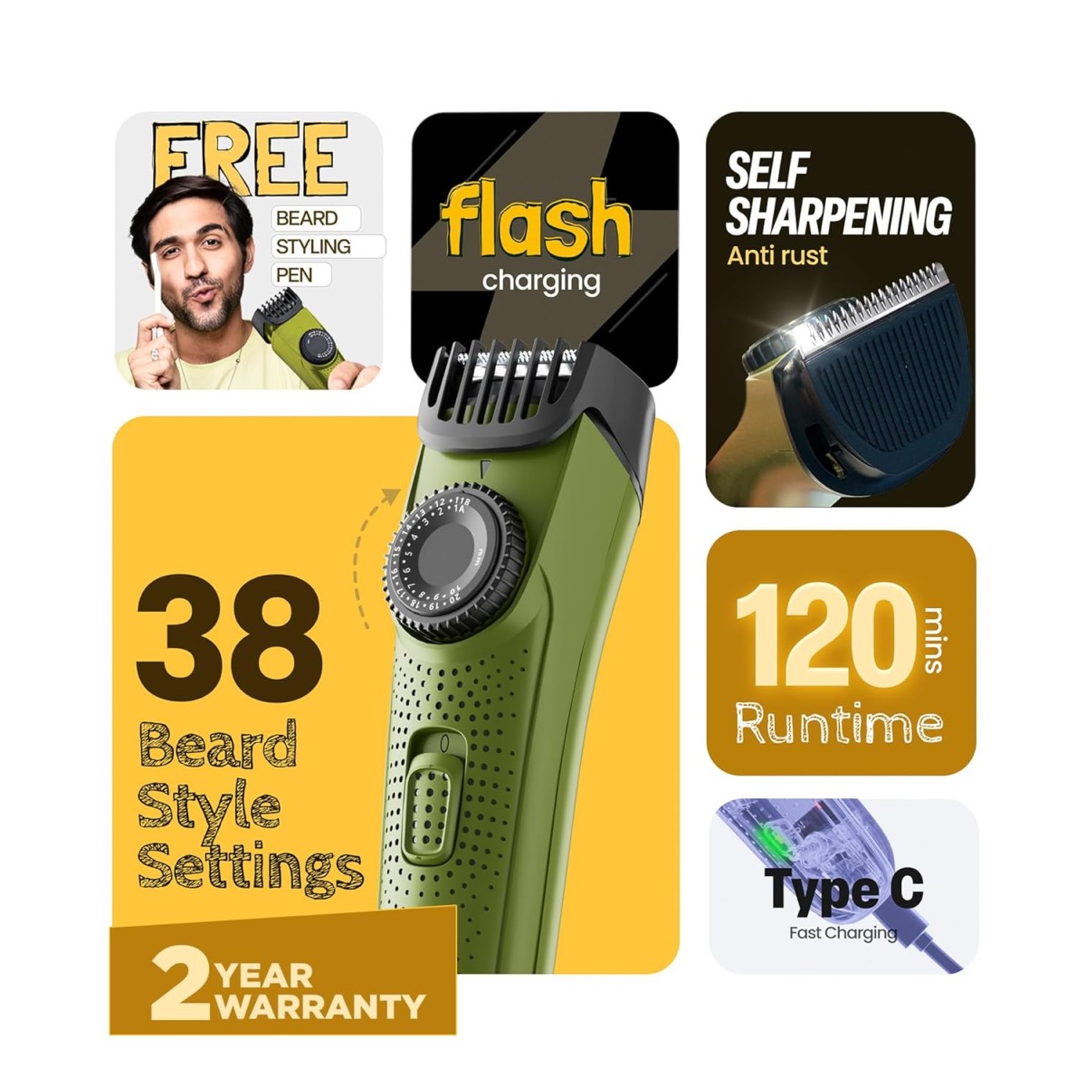 BOMBAY SHAVING COMPANY Flash Charging Men Beard Trimmer with Styling Pen Trimmer 120 min Runtime 38 Length Settings (Green)