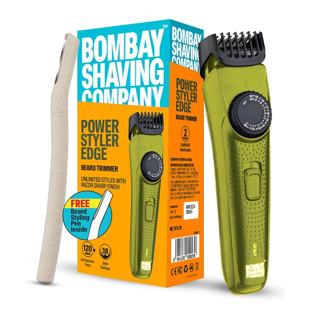 BOMBAY SHAVING COMPANY Flash Charging Men Beard Trimmer with Styling Pen Trimmer 120 min Runtime 38 Length Settings (Green)