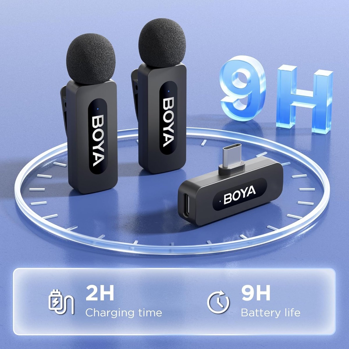 BOYA BY-V20 Dual Wireless Lavalier Microphone for iPhone 15/16, Android, USB-C Devices, 2 Clip-On Microphone for Youtubers & Video Recording, 328ft Range, 9H Battery, Noise Reduction, Plug & Play