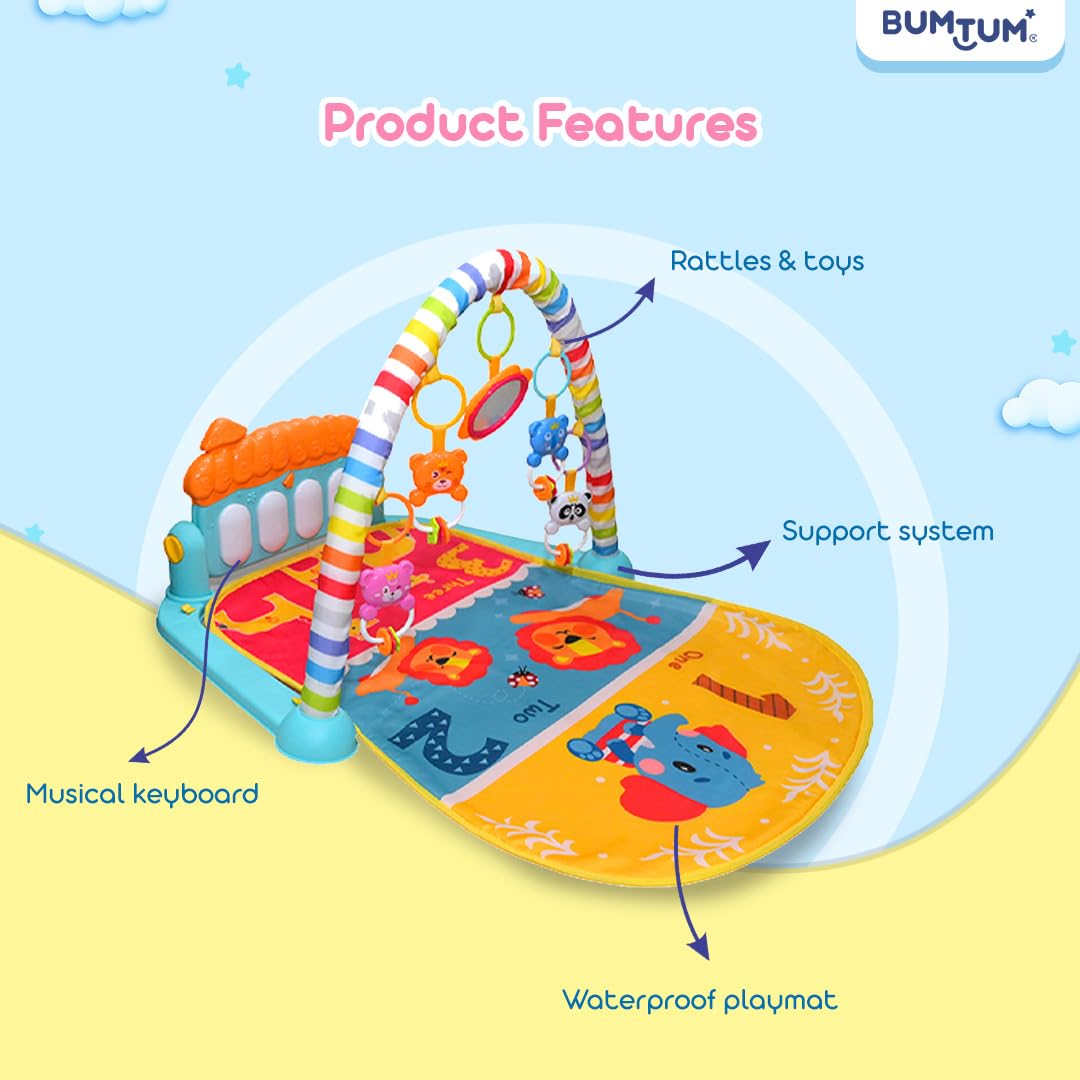 BUMTUM Baby Piano Gym Orange Blue Elphie | Play Mat for Gym & Fitness Rack with Hanging Rattles Keyboard Set