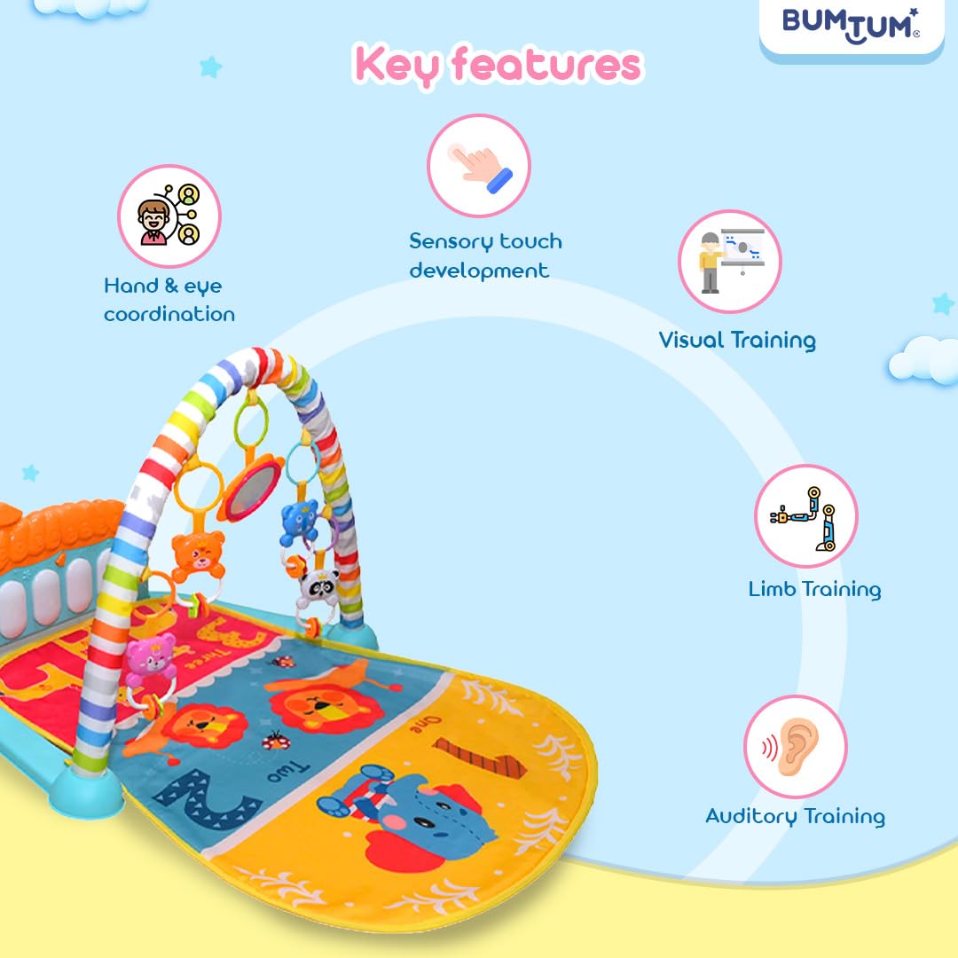 BUMTUM Baby Piano Gym Orange Blue Elphie | Play Mat for Gym & Fitness Rack with Hanging Rattles Keyboard Set