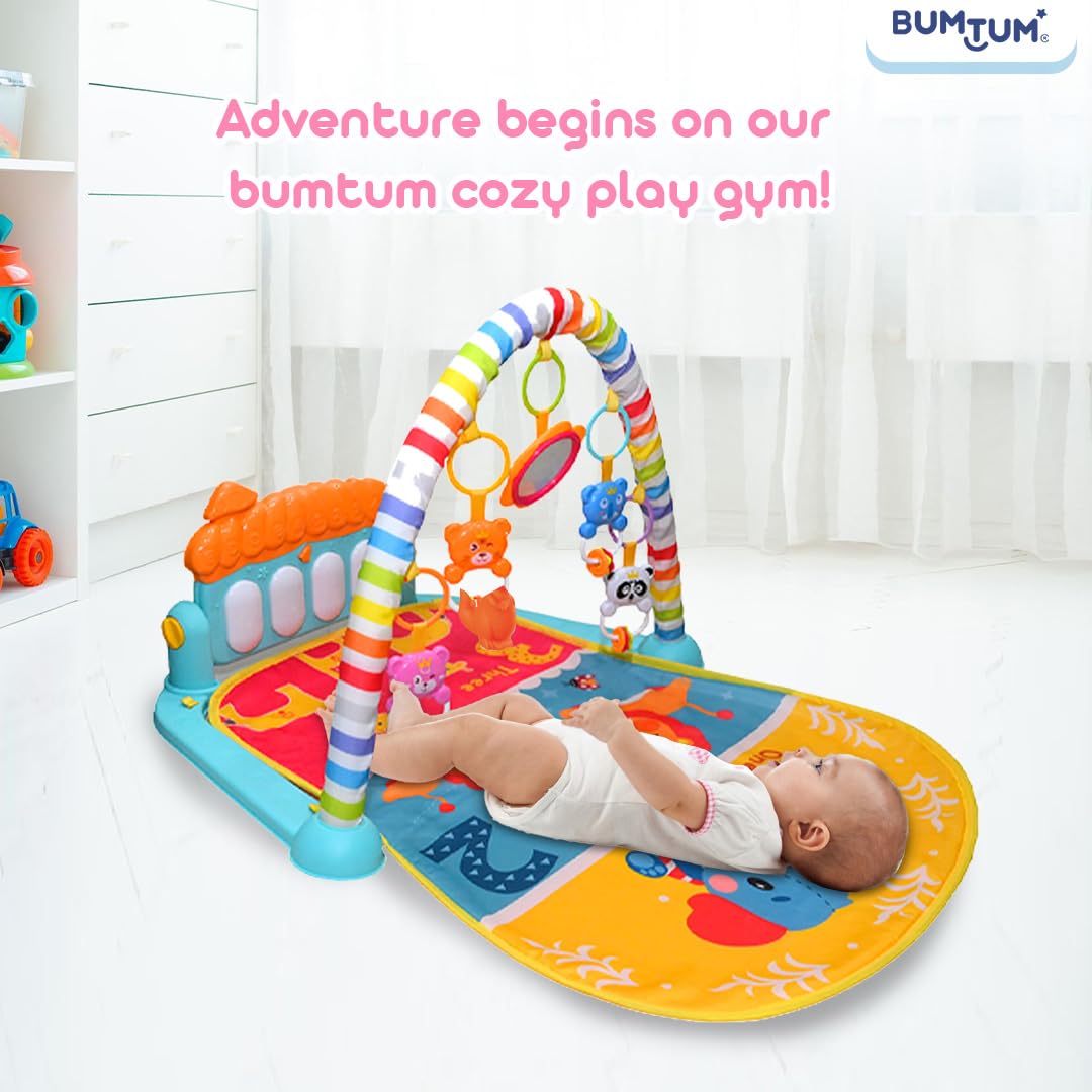 BUMTUM Baby Piano Gym Orange Blue Elphie | Play Mat for Gym & Fitness Rack with Hanging Rattles Keyboard Set