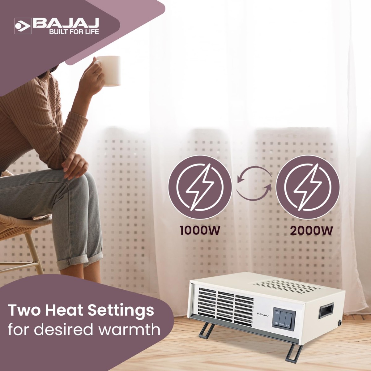 Bajaj Blow Hot 2000 Watts Fan Heater | Temperature Control | 2 Heat Setting (1000W / 2000W) | Auto Thermal Cut-Out | 2 Yr Warranty 【White/Black】