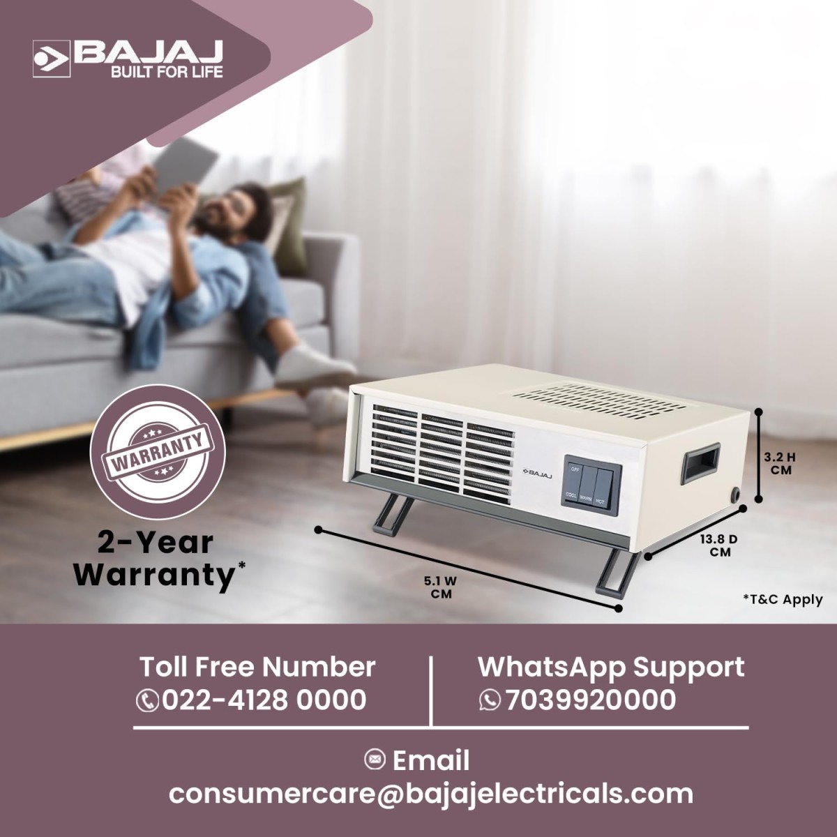 Bajaj Blow Hot 2000 Watts Fan Heater | Temperature Control | 2 Heat Setting (1000W / 2000W) | Auto Thermal Cut-Out | 2 Yr Warranty 【White/Black】