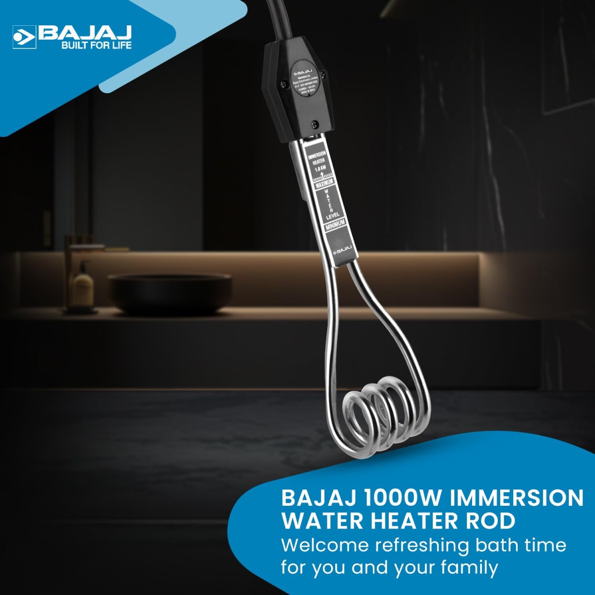 Bajaj Copper 1000 W Immersion Rod Heater For Home|Water Heater Rod For Efficient Heating|With Anti-Corrosive Nickel Plating|ISI Approvel Safety & Quality|2-Yr Warranty|Black/silver Bajaj Copper 1000 W Immersion Rod Heater For Home|Water Heater Rod For Efficient Heating|With Anti-Corrosive Nickel Plating|ISI Approvel Safety & Quality|2-Yr Warranty|Black/silver