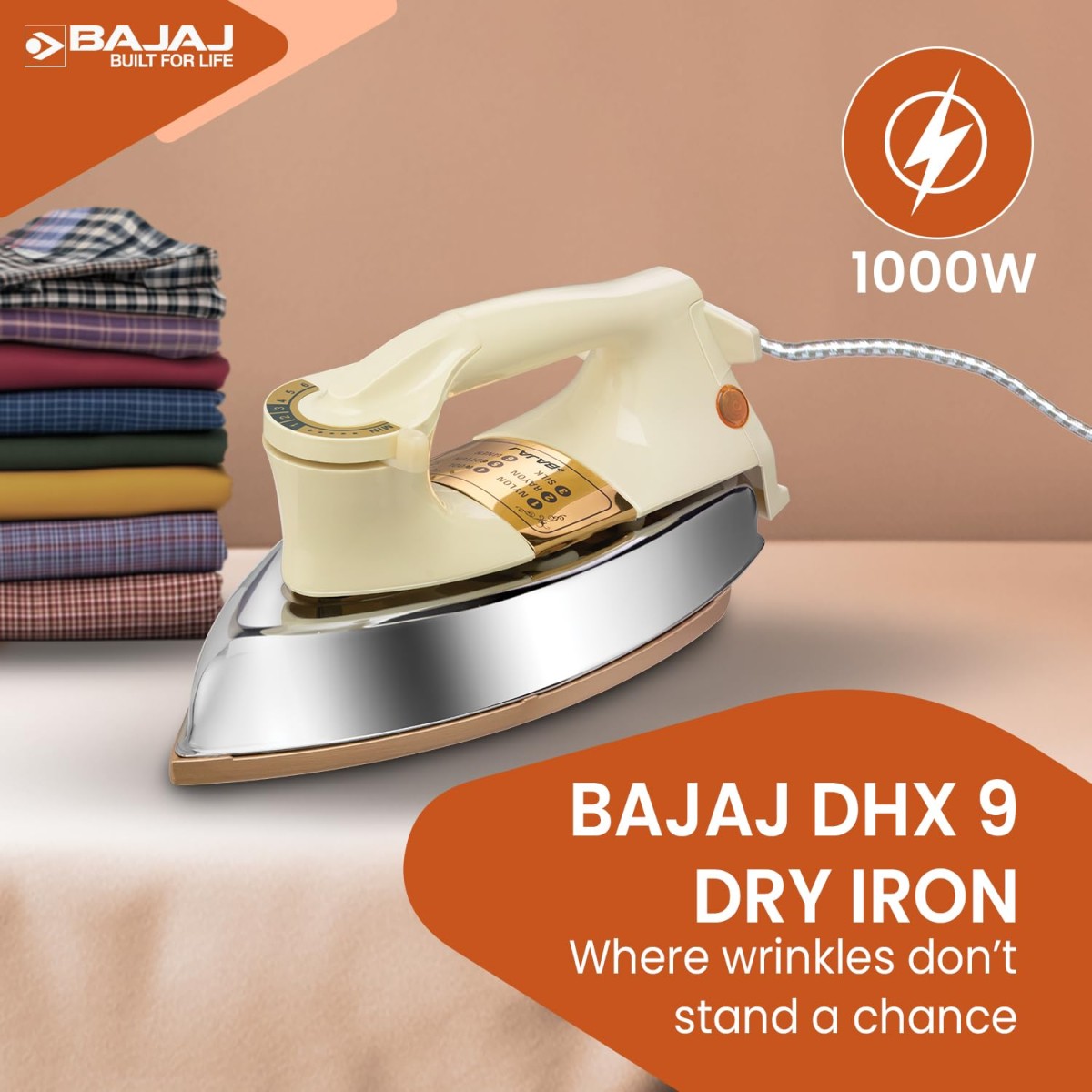 Bajaj DHX-9 1000W Heavy Weight Dry Iron with Advance Soleplate and Anti-Bacterial German Coating Technology, Ivory