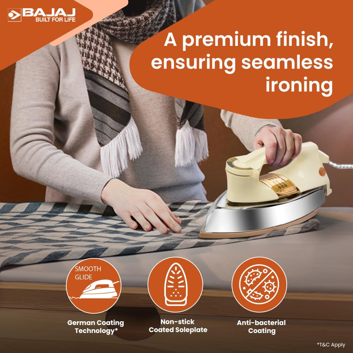 Bajaj DHX-9 1000W Heavy Weight Dry Iron with Advance Soleplate and Anti-Bacterial German Coating Technology, Ivory