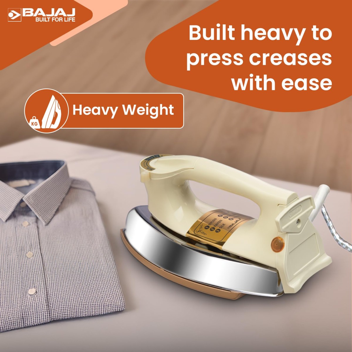 Bajaj DHX-9 1000W Heavy Weight Dry Iron with Advance Soleplate and Anti-Bacterial German Coating Technology, Ivory