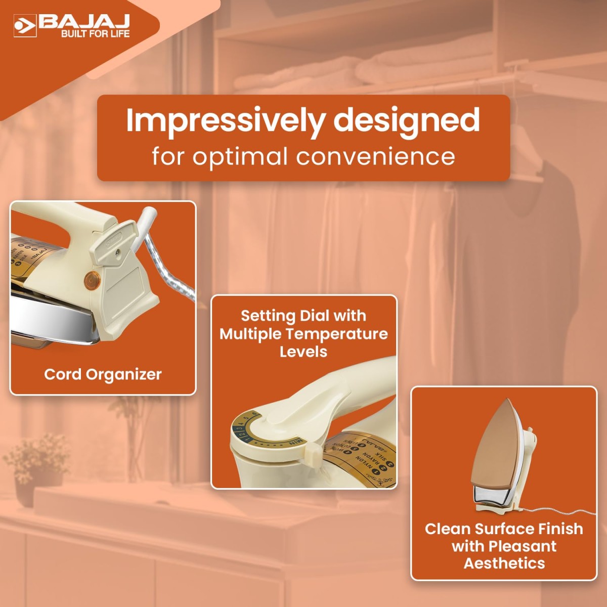 Bajaj DHX-9 1000W Heavy Weight Dry Iron with Advance Soleplate and Anti-Bacterial German Coating Technology, Ivory