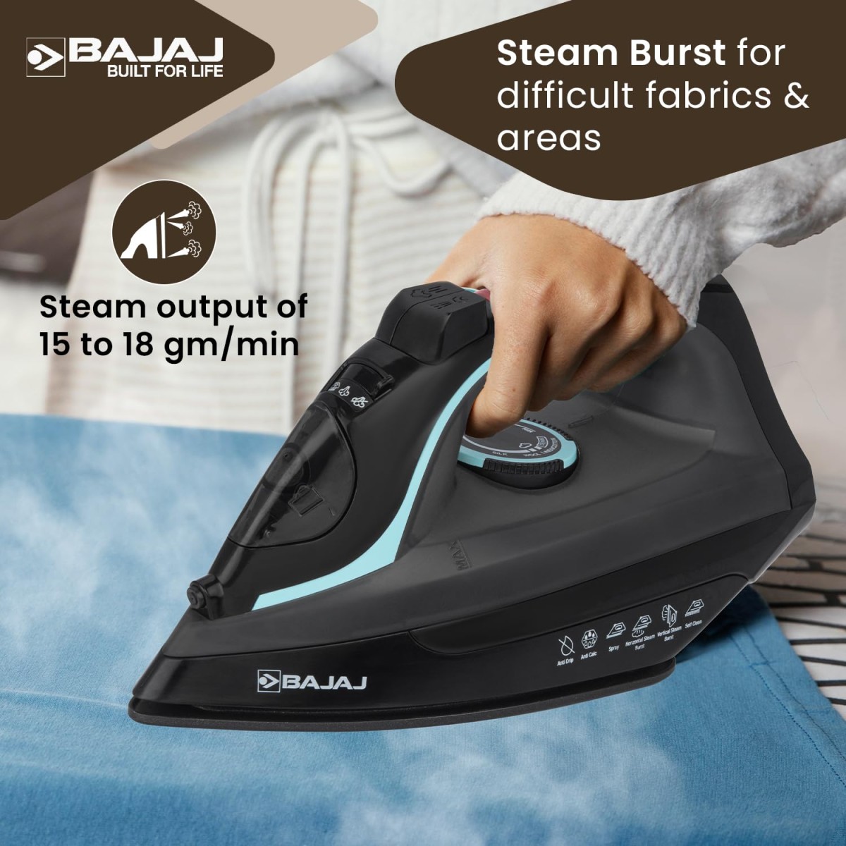 Bajaj MX 45 Steam Aluminium Soleplate Iron | 2000 Watts Power For Faster Ironing | Non Stick German Coated Technology | 220 Ml Water Tank Capacity | 2-Yr Warranty 【Black & Grey】