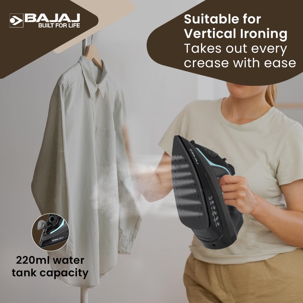 Bajaj MX 45 Steam Aluminium Soleplate Iron | 2000 Watts Power For Faster Ironing | Non Stick German Coated Technology | 220 Ml Water Tank Capacity | 2-Yr Warranty 【Black & Grey】