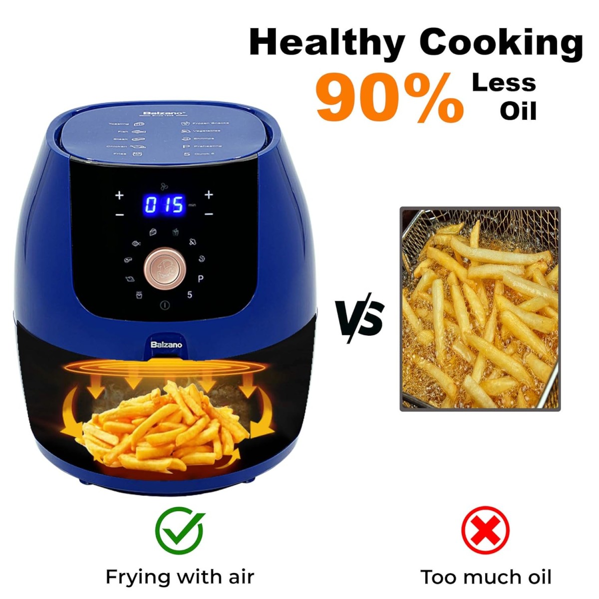 Balzano Digital Air Fryer (Extra Large 5.5 Liter), uses up to 95% Less Fat, 1700W, with Rapid Heat Circulation Technology (Blue) (TXG-DT16B-BLUE)