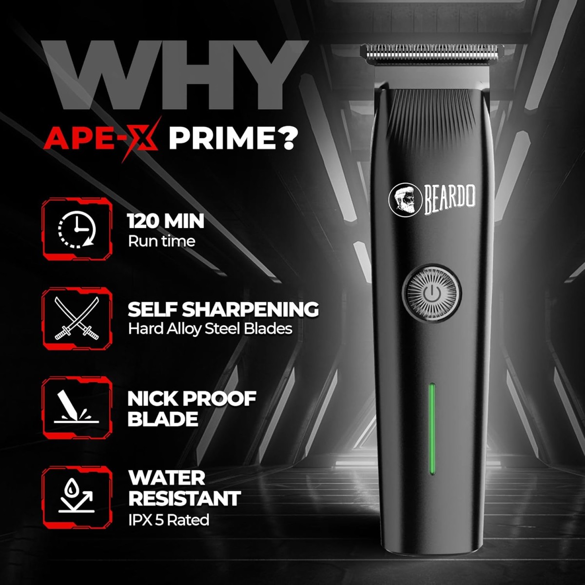 Beardo Ape-X Prime 3-in-1 Multipurpose Trimmer for Men | Grooming Kit : Beard Trimmer, Precision Trimmer, Ear & Nose Trimmer | Stainless Steel self-sharpening blades | Type C charging