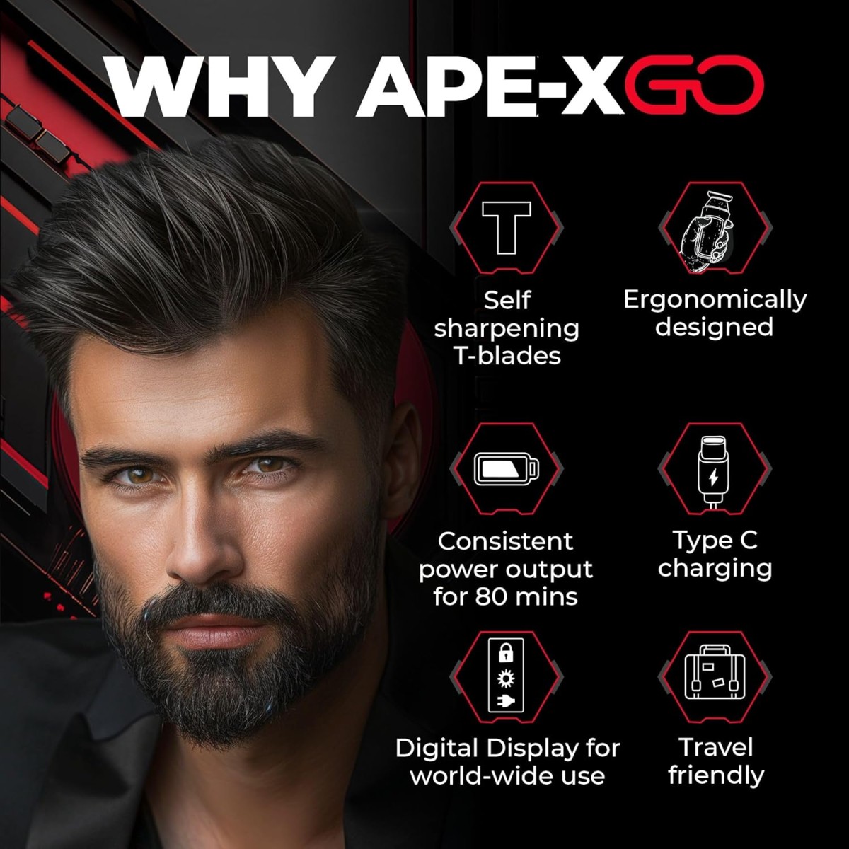 BEARDO ApeX Go Trimmer 80 min Runtime 3 Length Settings Black