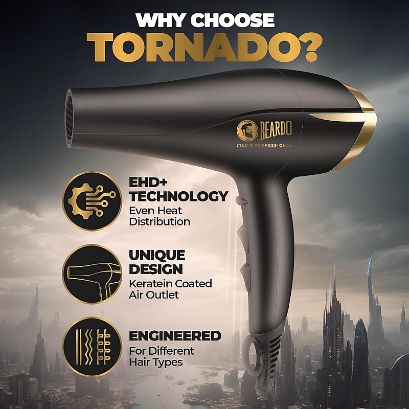 Beardo Studio Professional Tornado Hair Dryer with 2000 Watts Power | AC Motor, Concentrator, Diffuser, 2 Speeds, 3 Temperature Settings & Cool Shot feature | Suitable for Professional Drying Experience | Gift For Brother | Gift For Friends