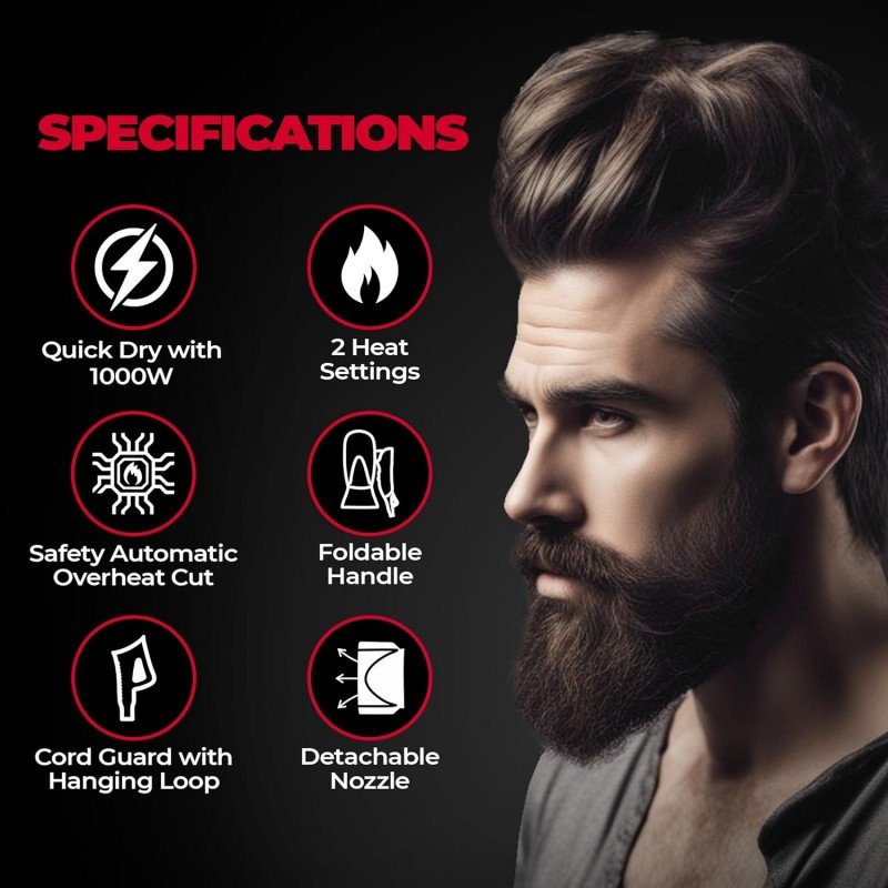 Beardo Style Cannon Hair Dryer | Powerful 1000W airflow | Thermo Protect Technology with 2 Tempreature Settings | Precise styling with special concentrator nozzle | Hair Dryer for men Beardo Style Cannon Hair Dryer | Powerful 1000W airflow | Thermo Protect Technology with 2 Tempreature Settings | Precise styling with special concentrator nozzle | Hair Dryer for men